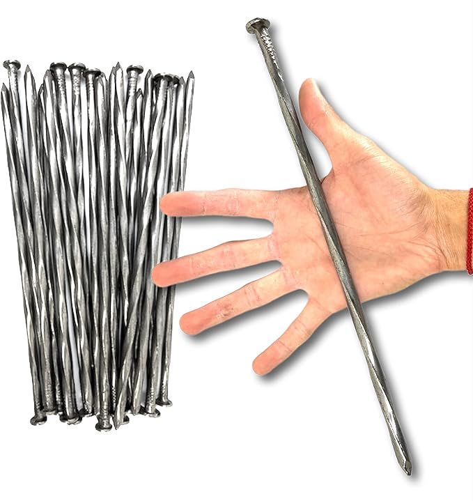 10-Pack Round Metal Landscape & Paver Edging Anchoring Stake, 12-Inch Length - Spiral Bright Spike Timber Nail, Tent Spikes, Camping, Trapping, Landscape, More (10)