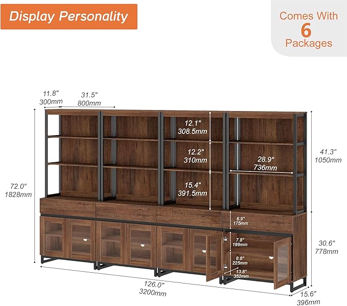 WAMPAT 4 PCS Modern 72" Tall Bookcase with 4 Drawers and Open Book Shelfs, Library Book Shelf with Storage Cabinet and Glass Doors, Wood Freestanding Bookshelves for Home Office, Living Room, Brown