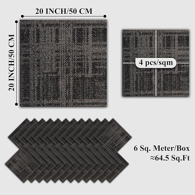 Carpet Tiles 20x 20 Inch, Floor Square Carpet Tiles, Indoor Outdoor Carpet Tile for Home Basement Commercial, Black & Grey-24 Tiles/64.5 Sq.Ft per Box