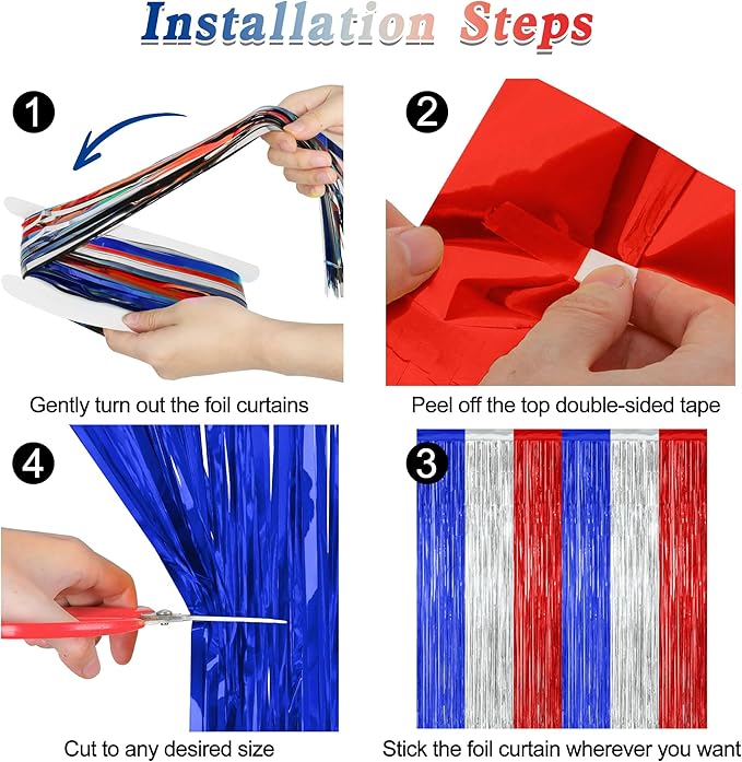 8 Pack 4th of July Photo Backdrop, 3.28 FT x 7.08 FT Fourth of July Decorations, Metallic Blue Silver Red Patriotic Tinsel Backdrop Foil Curtains, Patriotic Independence Day Decorations