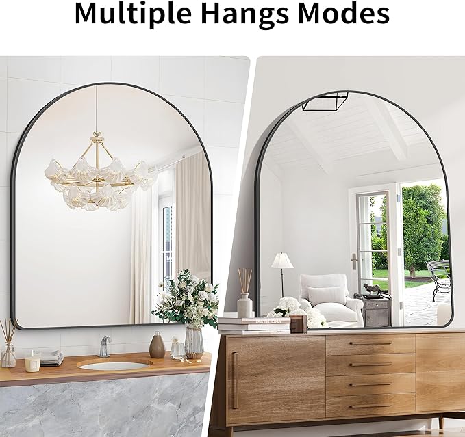 GLASHOM Arched Bathroom Mirror, 40"x48" Black Arched Mirror for Bathroom, Wall Mounted Mirror, Black Vanity Wall Mirror w/Metal Frame for Bedroom, Entryway, Living Room, Vertically Hanging