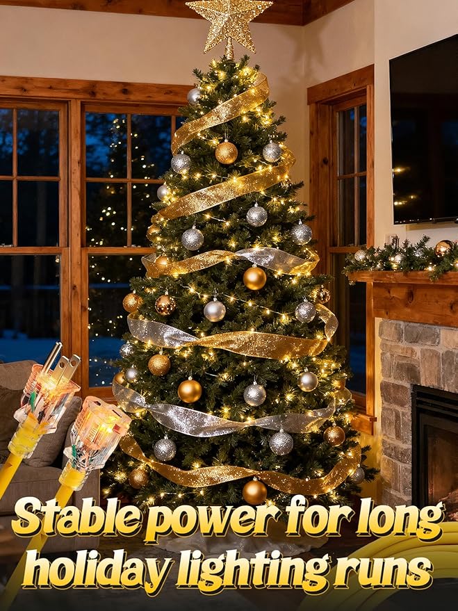 Lighted End Heavy Duty Outdoor Extension Cord Waterproof -16AWG, 3 Prong, 15A, 1875W, Flexible Yellow Power Extension Cord for Outsides, 25ft