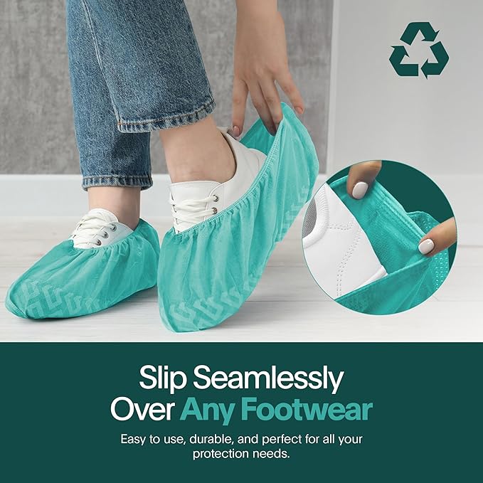 Premium Boot & Shoe Covers Disposable Booties - 50 Pack - Durable, Non-Slip, Non-Toxic, Water Resistant, Recyclable Protectors for Indoor & Outdoor - Large Size Fits Most Shoes