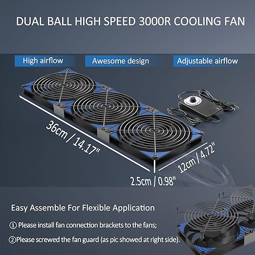 120mmx3 360mm Adjustable Computer PC Vent Fans 3-12V Speed Controller for Chicken Coop Rack Space Window Wall Cabinet Server Mining Rig Exhaust Cooling