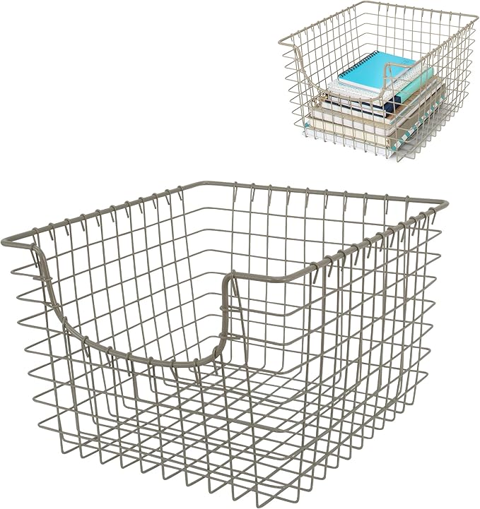 Spectrum Diversified 98977 Scoop Wire Basket, Vintage-Inspired Steel Storage Solution for Kitchen, Pantry, Closet, Bathroom, Craft Room & Garage, Single, Satin Nickel