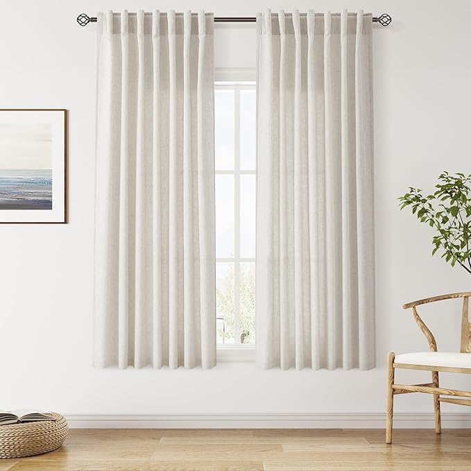 Nanspring Pearl White 63 Inch Curtains for Living Room Linen Blend Luxury Light Filtering Semi Sheer Curtain Back Tab Coastal Decor Neutral Elegant Gray Drapes for Bedroom Office 52x63, 2 Panels