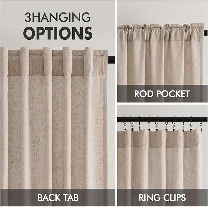 MIULEE Non-See-Through Privacy Linen Curtains 2 Panels, Light Filtering Window Curtains Farn House Textured Back Tab Semi Sheer Drapes for Bedroom Living Room, 52 x 63 Inches Long, Burlywood