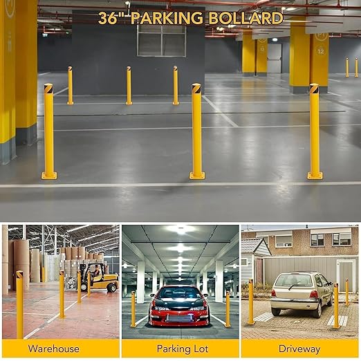 4-Pack 36 Inch Steel Safety Bollard Post, 4.5 Inch Diameter Metal Safety Bollard with 16 Anchor Bolts for Driveway Barrier, Parking Pole, Traffic Control