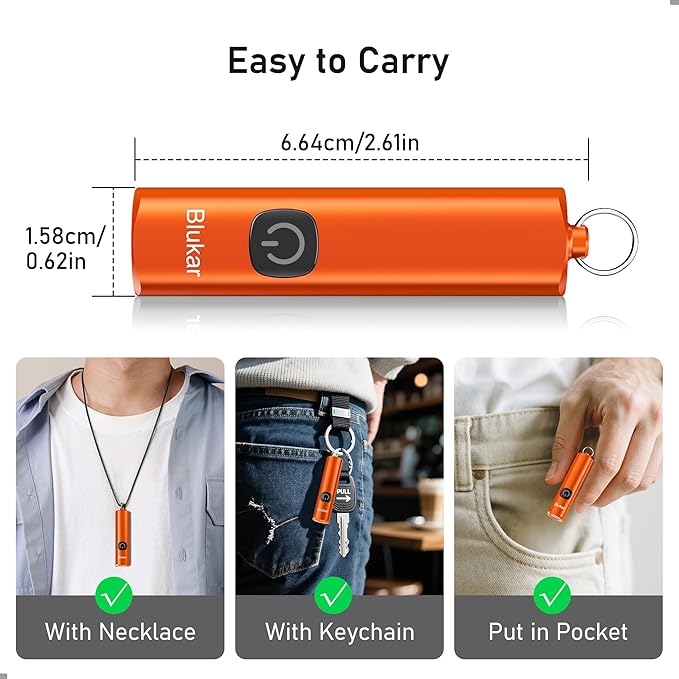 Blukar Rechargeable EDC Flashlight, Mini Keychain Flash Light with 3 Lighting Modes, Memory Function, Waterproof, Compact and Portable Pocket Light for Everyday Carry, Emergency,Camping-Orange