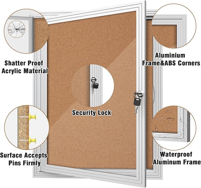 Mifuro 26"x20" Enclosed Bulletin Board, Outdoor Lockable Weather-Resistant Aluminum Cork Noticeboard for School & Office, Silver Frame w/Cork