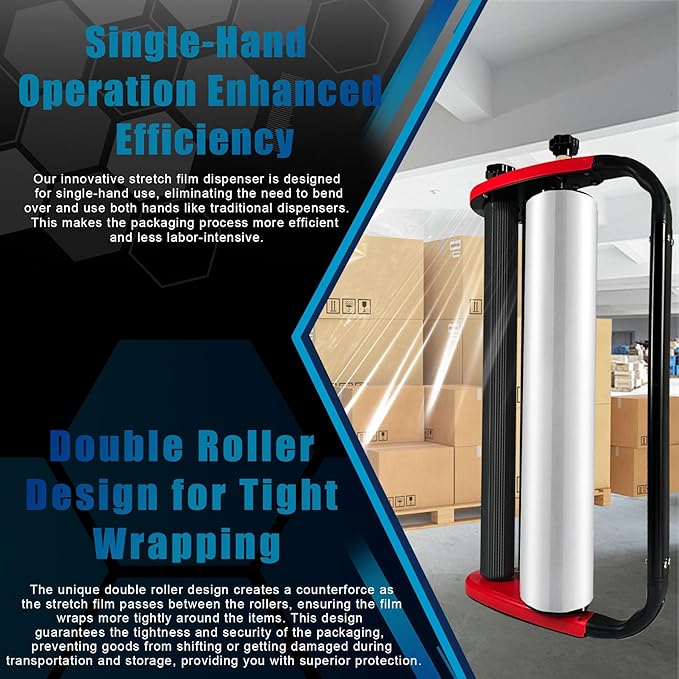 Ergonomic Stretch Film Dispenser - Reduces Operator Fatigue, Shrink wrap Handle for Warehousing, Logistics, Pallets, Commercial, and Home Use (15-in Dispenser for 15-in Stretch Film)