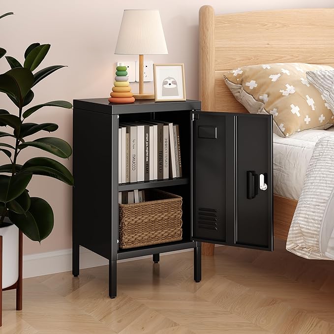 Aobabo 24.4" H Metal Locker Storage Cabinet with 1 Doors, Pantry Storage Cabinet with Adjustable Leveling Foot and Adjustable Shelves, for Kitchen, Employees, Office, Home, Assembly Required, Black