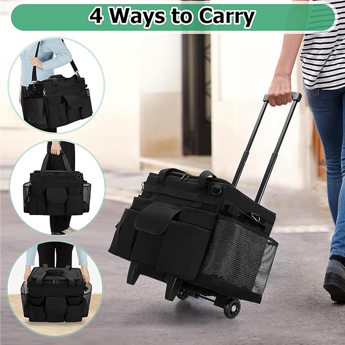 LoDrid Rolling Cleaning Caddy with Lid, Cleaning Supplies Organizer with Detachable Trolley, Cleaning Caddy Cart on Wheels with Handle and Shoulder Strap for Housekeepers, Black, Bag Only
