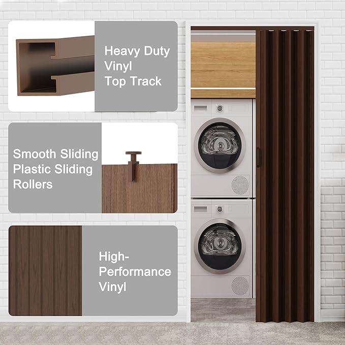 24"-36" x 80" Accordion Doors Interior - Vinyl PVC Bifold Accordion Closet Doors, Includes Door & Mounting Hardware, Handle, Temporary Folding Door for Doorway Pantry Laundry, Walnut
