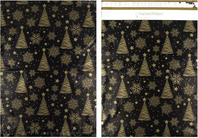 Inspired Mailers - Large Holiday Poly Mailers 14.5 x 19-50 Pack - Christmas Trees and Snowflakes (Black/Gold) - Large Holiday Mailing Envelopes