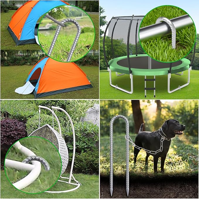 Trampoline Wind Stakes 16 Inch, 3/8" Diameter Heavy Duty U Shaped Rebar Tent Fence Stakes for Ground, Galvanized Trampoline Tie Down Anchor Kit 16 Pack
