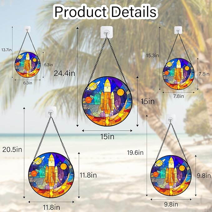 Stained Glass Window Hanging Abstract Universe Planetary Rocket 9.8" - Suncatcher Door Garden Sun Catcher Home Decor Birthday Children's for Men Teenage Boys Kids