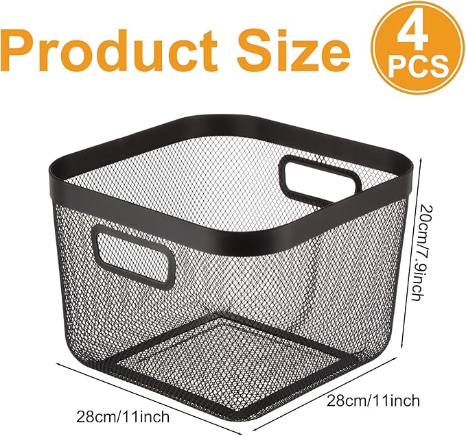 4 Pack Metal Mesh Steel Basket with Hollow Handles Square Wire Mesh Open Bin Fruit Storage Basket for Kitchen Bathroom Picnic Shopping Cabinet Home Items (Large,Black)