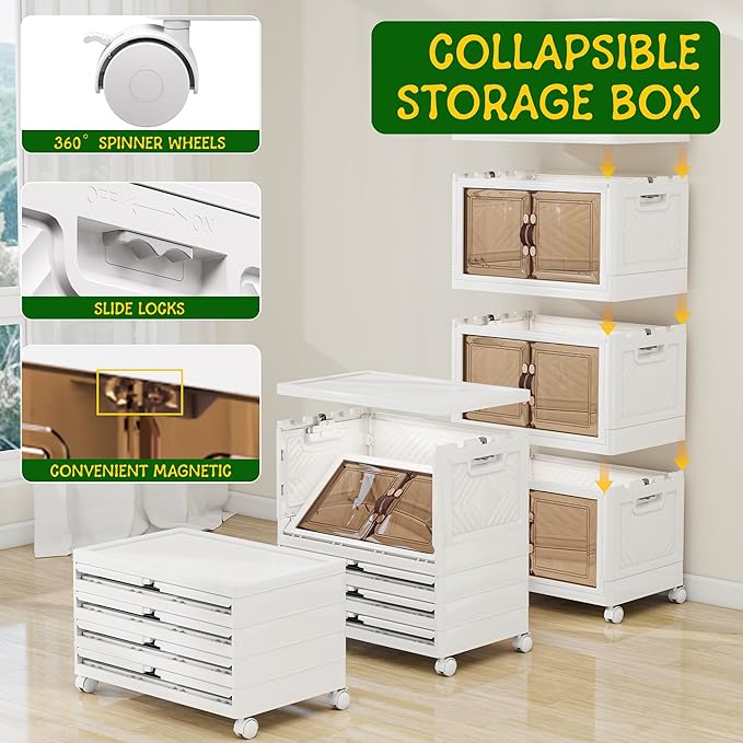 Storage Bins with Lids and Wheels, 398QT-99.5QT*4Tier Collapsible Bathroom Storage Cabinet with Clear Doors, Plastic Stackable Closet Organizers and Containers White