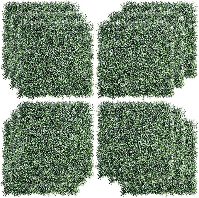 12PCS 20"x20" Artificial Boxwood Panels Topiary Hedge Plant UV Protected Faux Grass Wall Greenery Mats for Outdoor Garden Fence Backyard and Indoor Home Wedding Decoration, Dark Green