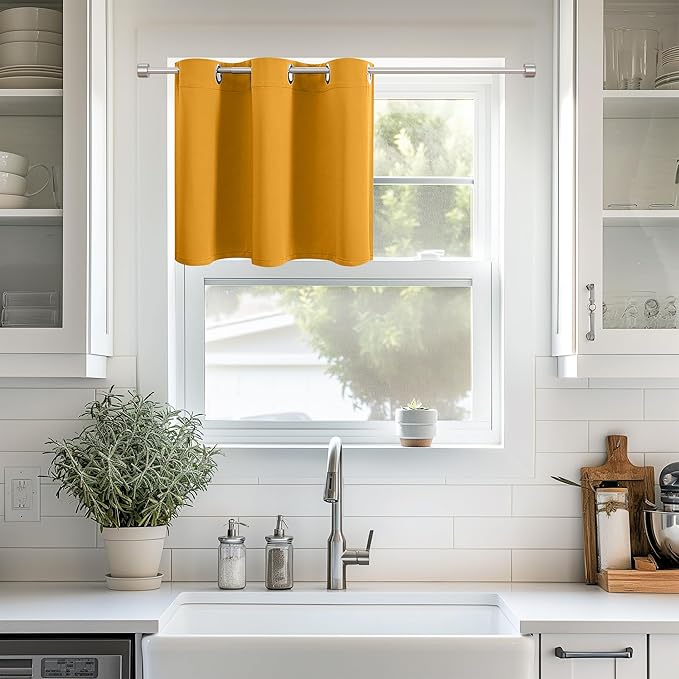 ChrisDowa Blackout Curtains 36 Inches Long for Living Room, Grommet Thermal Insulated Room Darkening Curtains for Bedroom (1 Panel Set, Mustard Yellow, 52W x 36L)