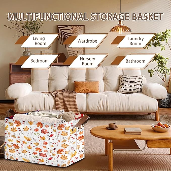 Colored Maple Berries Storage Basket Large 17x11.5x10.5 Inches - Collapsible Fabric Organizer Bin with Handles for Nursery,Laundry,Closet - Foldable Decorative Hamper with Floral Pattern - Single Pack