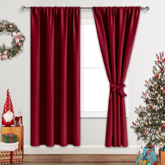 JIUZHEN Red Curtains for Bedroom - Drapes Set of 2 Panels with Tiebacks, Thermal Blackout, Room Darkening Noise Reducing, 42" x 72", Light Blocking for Kids Room
