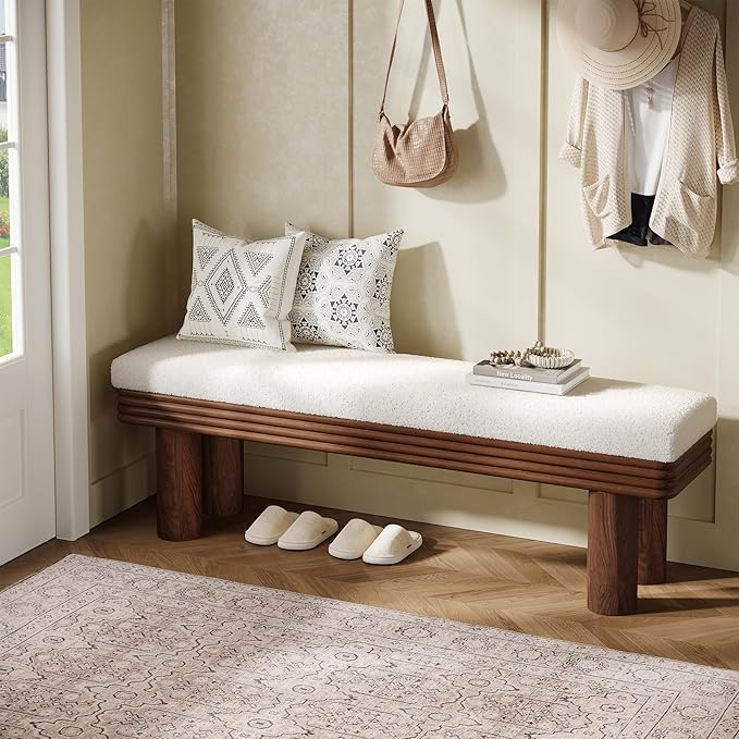 Tribesigns 55-Inch Upholstered Entryway Bench, Modern Shoe Bench with Faux Shearling Padded Seat, Upholstered End of Bed Stool for Bedroom, Entrance, Living Room (White & Dark Walnut)