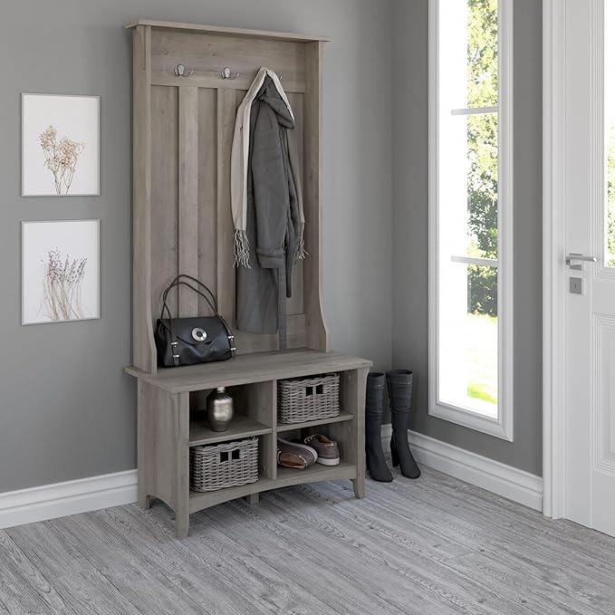 Bush Furniture Salinas Hall Tree with Shoe Storage Bench in Driftwood Gray, Multi-Purpose Home Organizer, Entryway Solution with Seating and Hooks