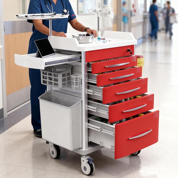 Medical Rolling Crash Cart with Integrated Medical Countertop -CPR Board, IV Pole, O2 Holder, Trash Bin, Silent Casters, Drawers with Dividers, Nursing Cart for Clinic, Hospital, Nursing Center