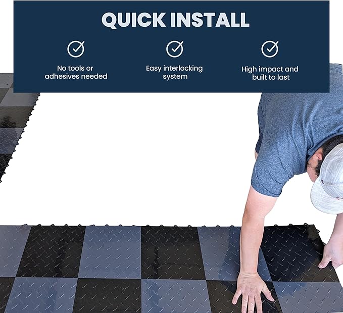 IncStores FlooringInc's Nitro 12"x12" Snap-Together Garage Flooring Tiles, Non-Slip Interlocking Plastic Floor Mat, Garage Organization & Storage, Coin Pattern, Midnight Black, 52 Tiles, 52 Sq/Ft
