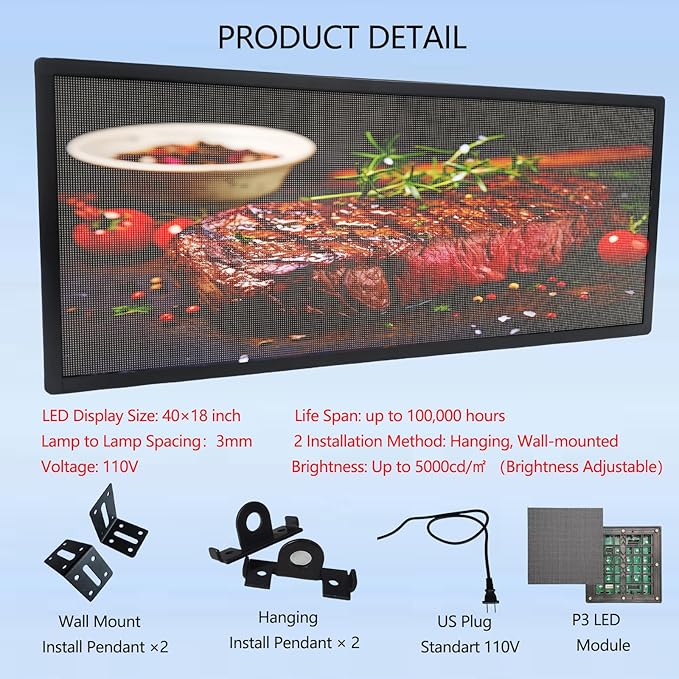 P3 Led Scrolling Programmable Signs, 320x128px High Resolution Digital LED Signage Displays, WIFI & USB Control Electronic Message Board Business Advertising Sign, Support Text/Image/Video 40"x18”