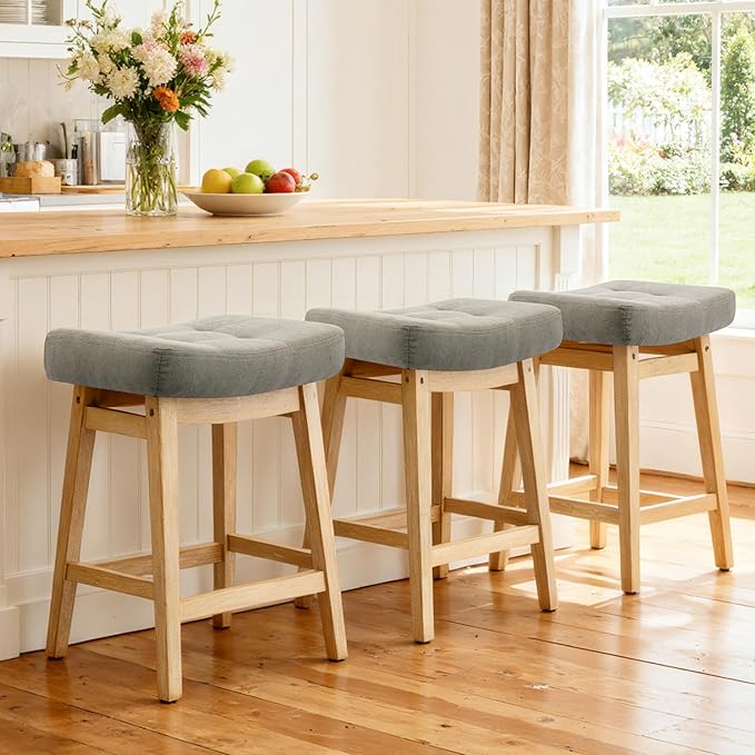 Counter Height Bar Stools Set of 3 for Kitchen Counter Farmhouse Modern Barstools with Upholstered Fabric Backless Seat and Solid Wood Legs 24 inch Bar Chairs, Grey + Wood Color
