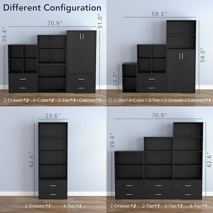 Homes: Inside + Out Apexa 3-Tier Stackable Wood Bookcase with Doors, Cube Storage Organizer Shelves, Small Food Pantry Cabinet, Dorm Teen Room Decor & Bedroom, Home Office, Kitchen, Black