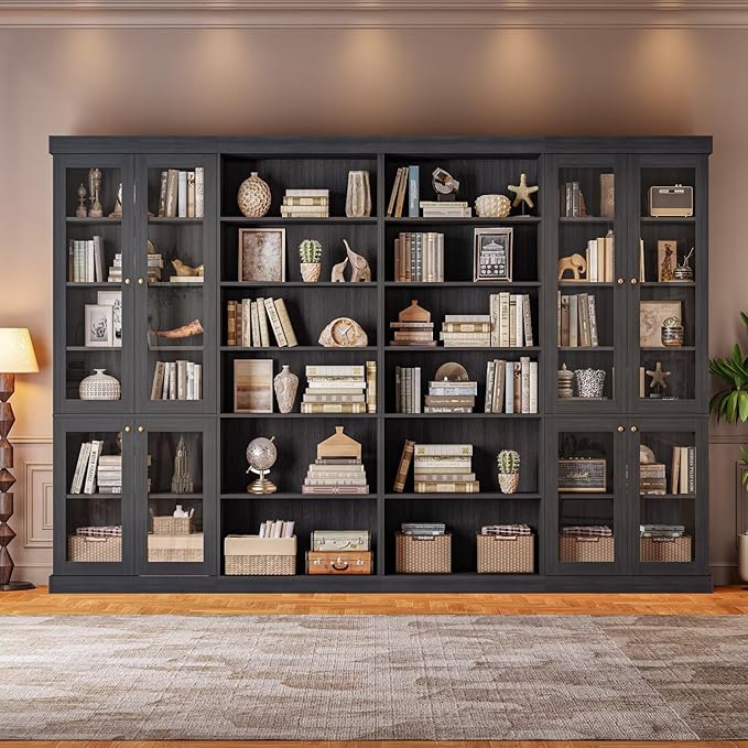 Vyre 70.8" Tall Farmhouse Bookshelf with Glass Doors, Modular Bookcase with 6-Tier Adjustable Shelves, Large Storage Cabinet for Kitchen, Living Room, Black, Set of 4