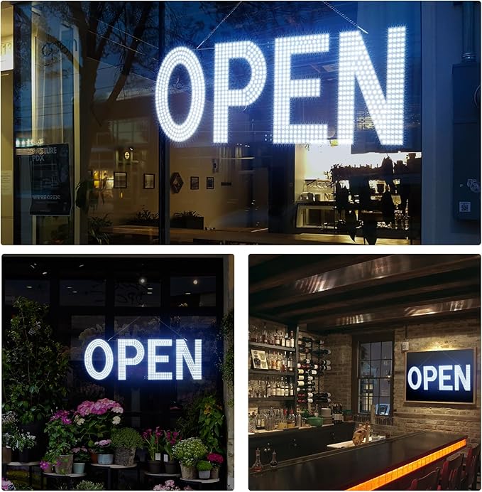LED Open Signs for Business, 40"x14" Dimmable Large LED Open Light Up Sign with Hanging Installation for Salon Gym Cafes Store Office Bar Hotel Pubs (Cold White)