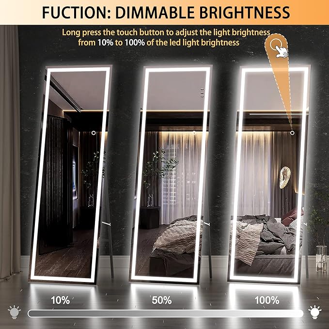 Hasipu Full Length Mirror with Lights, 58" x 18" LED Lighted Floor Standing, Full Body Dressing Hanging Mounted Mirror, Dimmable, Tempered Glass, Safe to Use, Square White