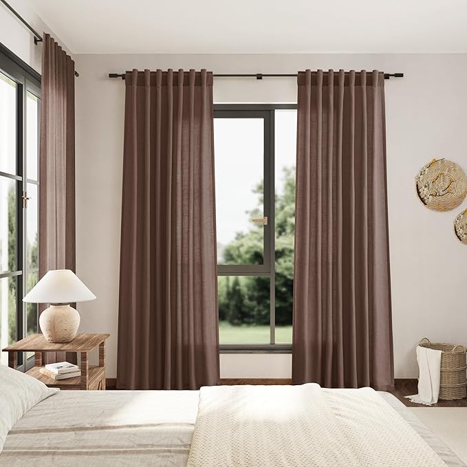 Mocha Mousse Linen Boho Curtains 90 Inch Length 2 Panel Set Back Tab Rod Pocket Semi Sheer Light Filtering Neutral Farmhouse Decor for Living Room and Bedroom 52x90
