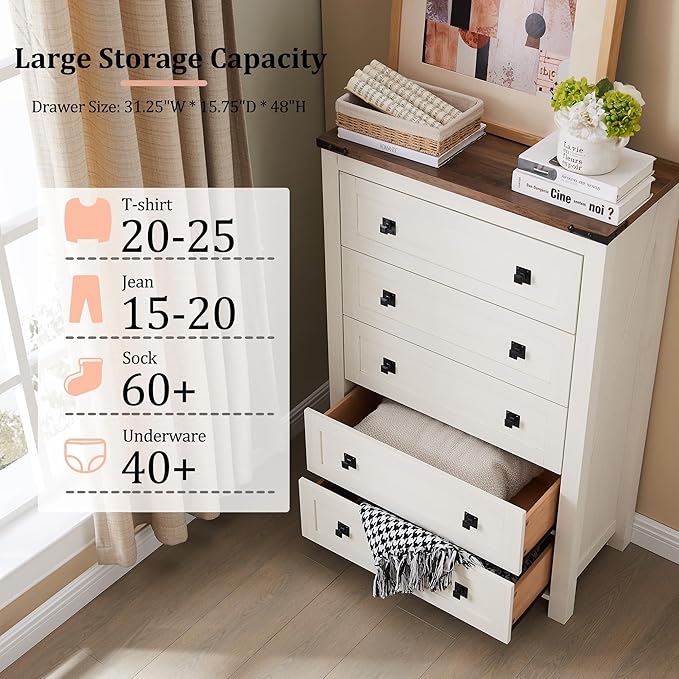 RedLemon Farmhouse 5 Drawer Dresser, 48" Tall Rustic Chest of Drawers, Wood Dresser for Bedroom, Living Room, Hallway, Antique White