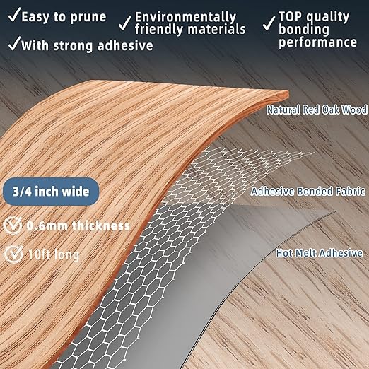 Red Oak Edge Banding, 3/4 inch x 10ft roll of Wood Edge Banding Pre-glued Flexible, Veneer Tape Banding for Cabinet Repair Furniture