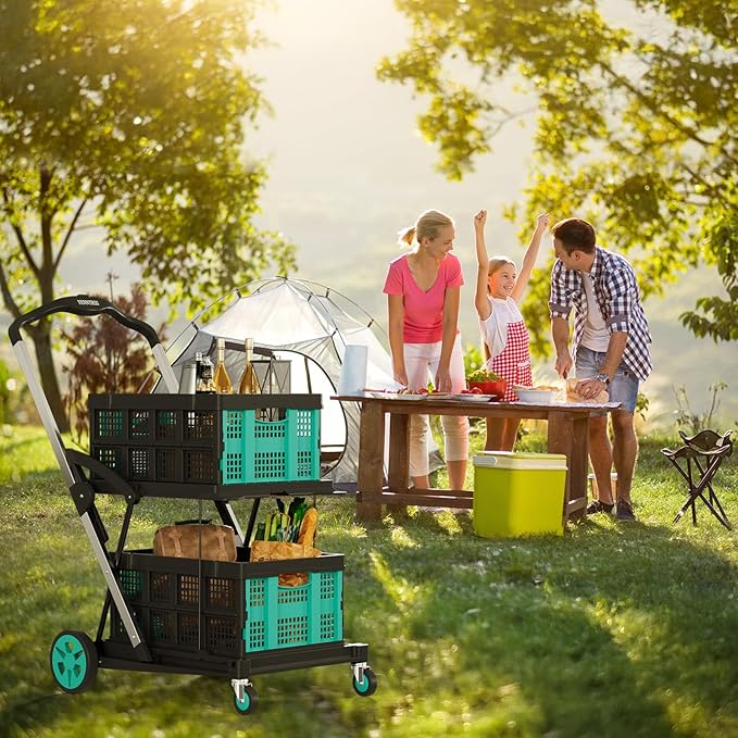 Beyond Collapsible Shopping Cart on Wheels, Shopping Cart with 2 Storage Crates, 2-Tier Multi Functional Utility Cart for Grocery/Warehouse/Office/Supermarket - Blue