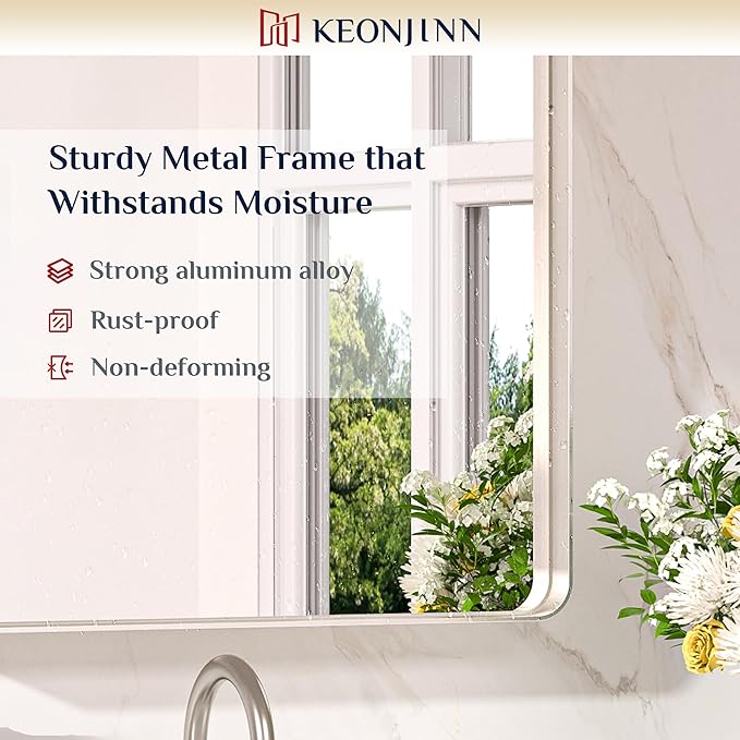 Keonjinn 42 x 36 Brushed Nickel Bathroom Vanity Mirror, Large Rounded Rectangle Bathroom Mirrors for over Sink, Metal Framed Silver Mirror for Wall, Shatterproof HD Tempered Glass(Horizontal/Vertical)