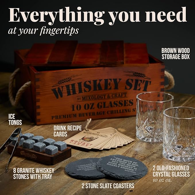 Mixology & Craft Premium Whiskey Set | Two 10oz Cystal Old-Fashioned Glasses, 8 Granite Chilling Stones, Metal Tongs, Recipe Cards in Rustic Wooden Crate Gift Set | Jameson Whiskey
