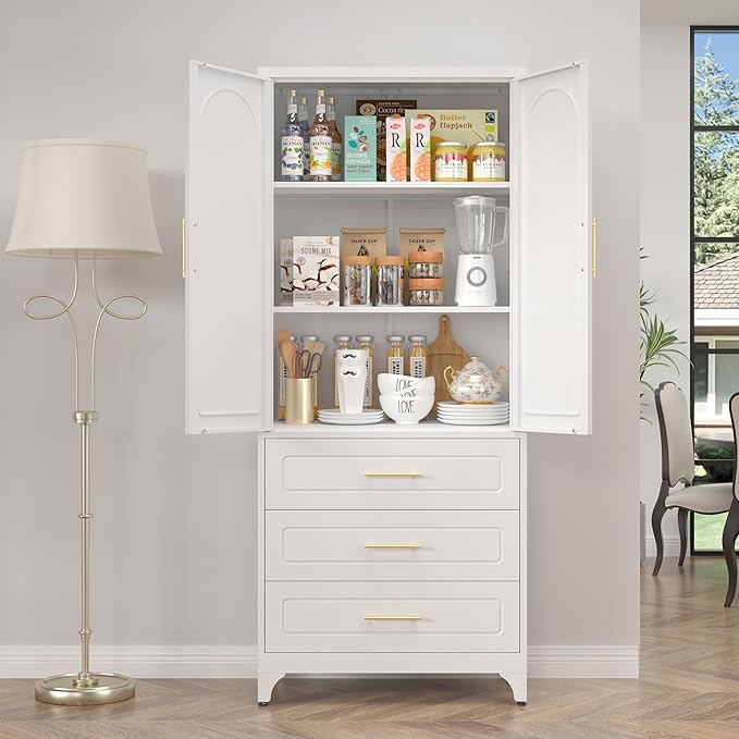 Metal Kitchen Pantry Cabinet with 3 Drawers，75 Inch White Food Pantry Cabinets for Kitchen Storage with 2 Adjustable Shelves,Tall Storage Cupboard for Living Room,Dining Room Office