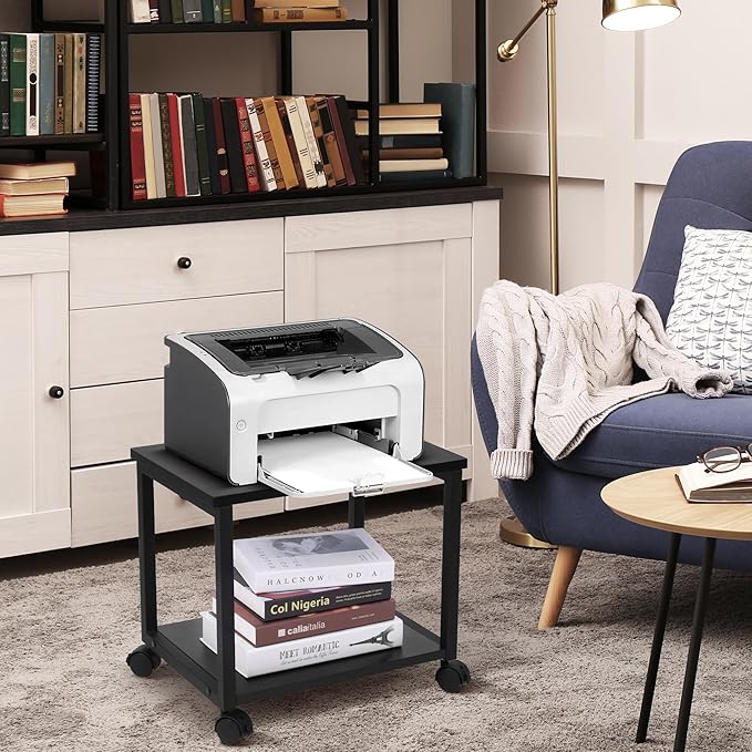 Under Desk Printer Stand - 2-Tier Industrial Mobile Printer Table with Storage Shelf, Heavy Duty Wood Rolling Printer Cart with Wheels for Home and Office,Classic Black