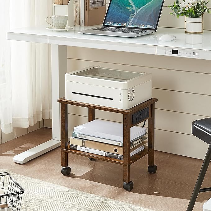 2 Tier Under Desk Printer Stand with Storage, Small Printer Table with Charging Station, Rolling Printer Cart Shelf with Lockable Wheels for Home, Office (Brown)
