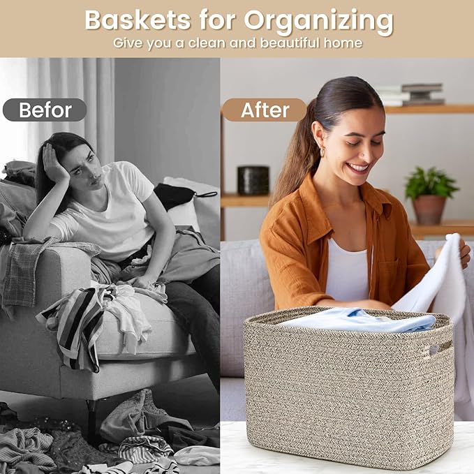 Shelf Woven Storage Basket, 15 x 10 x 9” Closet Rope Baskets For Organizing, Square Bins with Handles, Brown