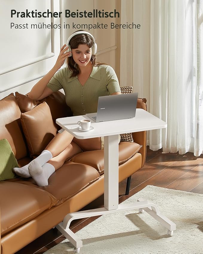 Height Adjustable Mobile Standing Desk with 360° Swivel Casters, 29"-45" Pneumatic Rolling Desk on Wheels, Perfect for Home Office, Bedroom, Living Room, White