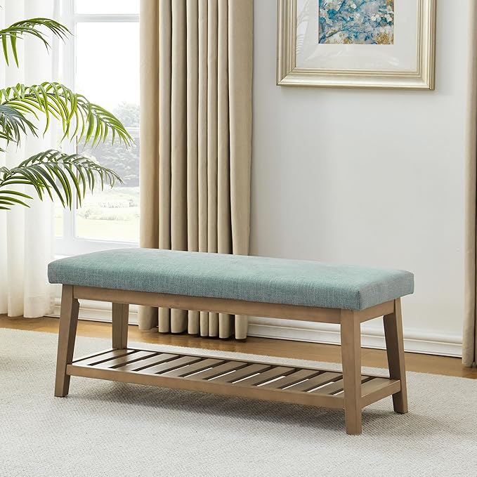 Entryway Shoe Bench with Cushion, End of Bed Bench,Upholstered Bench for Kitchen, Bench with Solid Wood Shelf, Fabric Ottoman Bench for Hallway, Living Room (Teal)