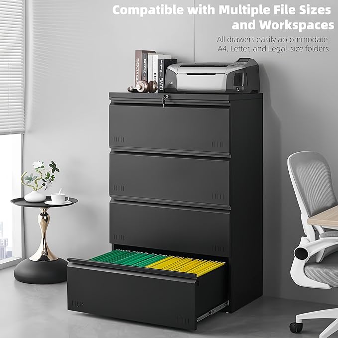 Lateral 4 Drawer File Cabient with Lock, Metal Filing Cabinets for Home Office, Heavty Duty Office Storage Cabinet for A4/Letter/Legal (Matte Black)
